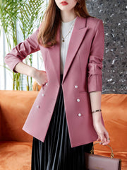 Solid Lapel Beaded Button Blazer Long Sleeve For Office Women's Clothing