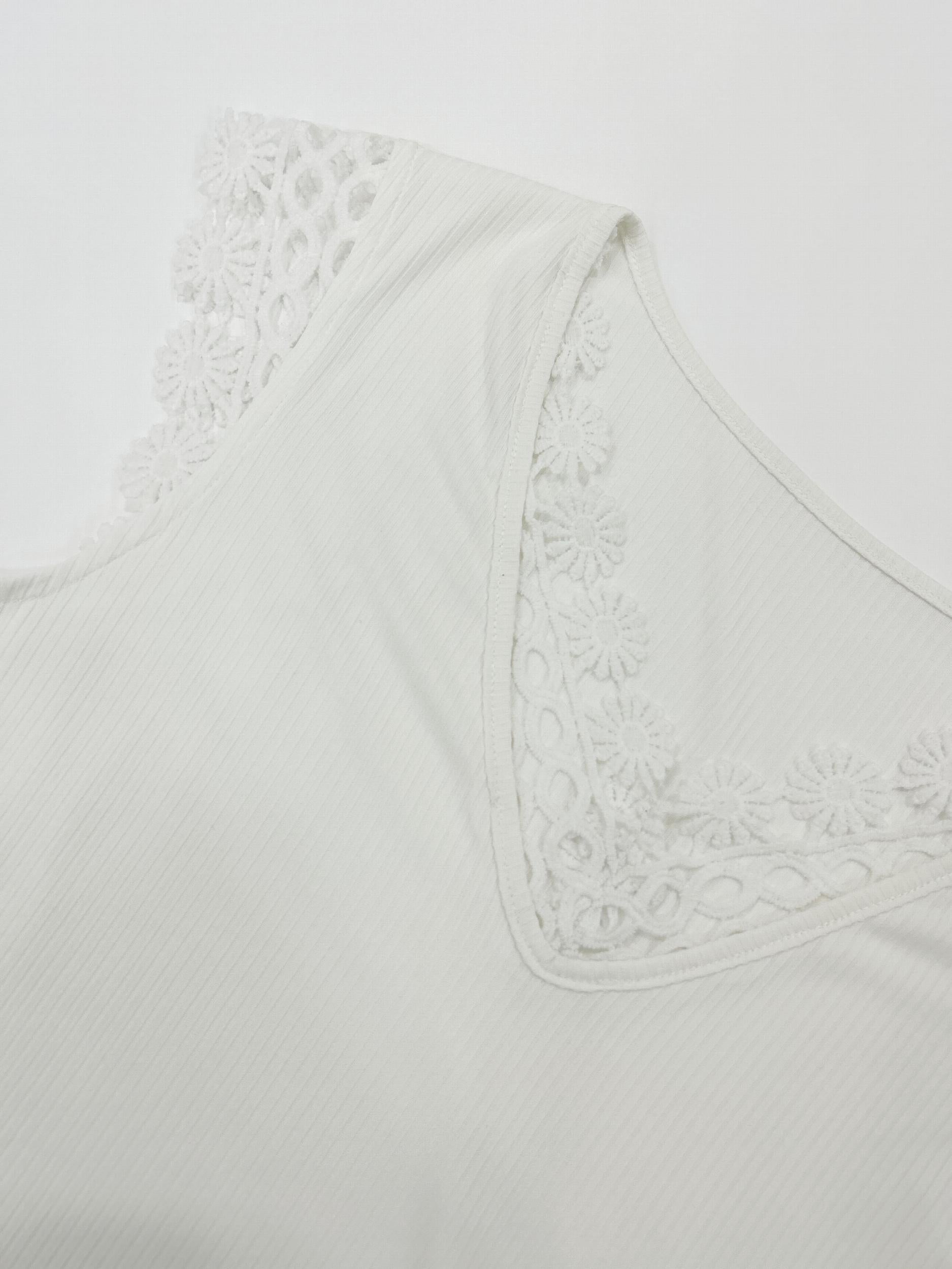 Floral Lace Trim Ribbed Tank Top V Neck Sleeveless Summer Top