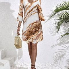Marble Print Flared Sleeve Dress V Neck Midi Dress