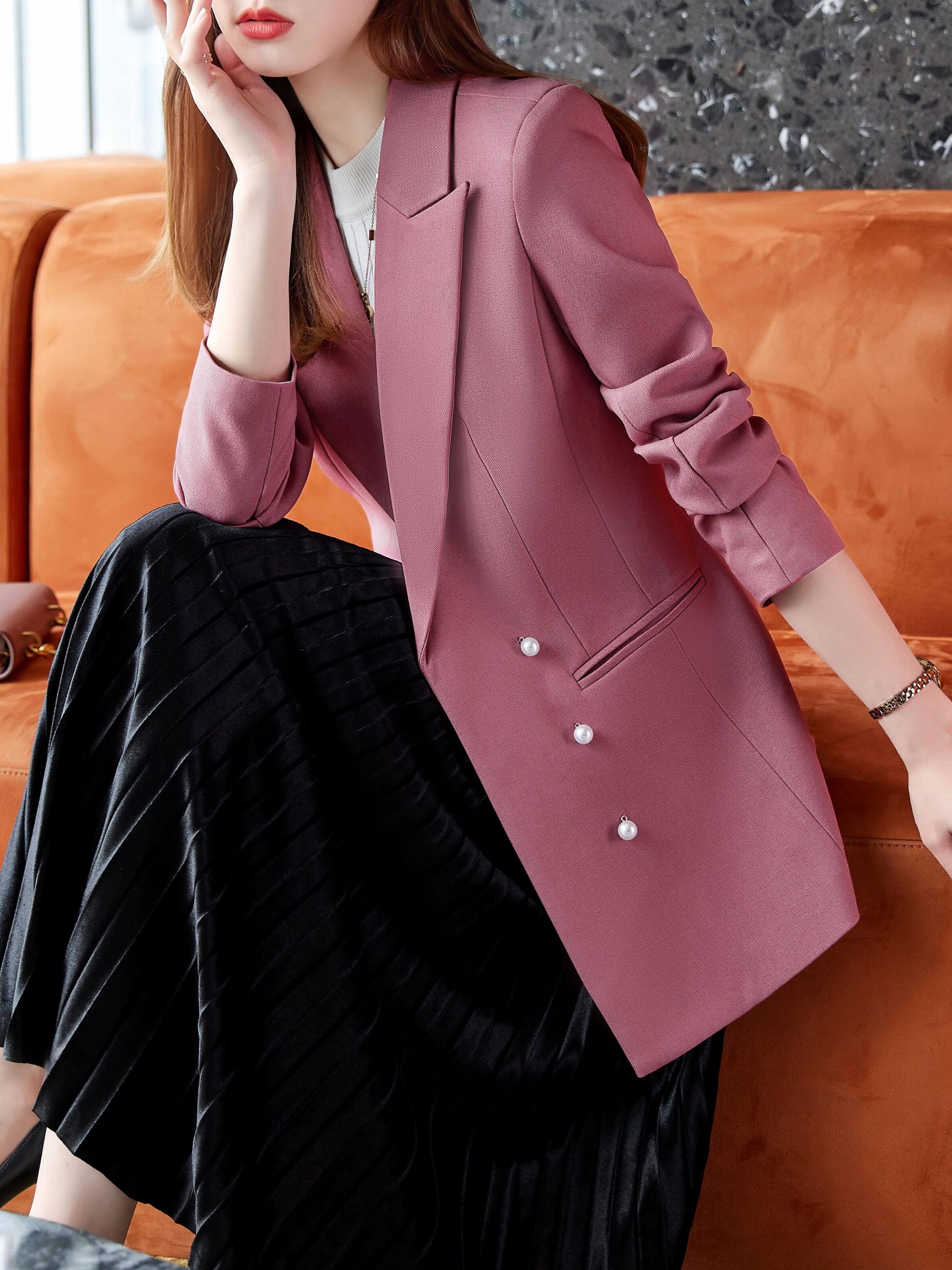 Solid Lapel Beaded Button Blazer Long Sleeve For Office Women's Clothing