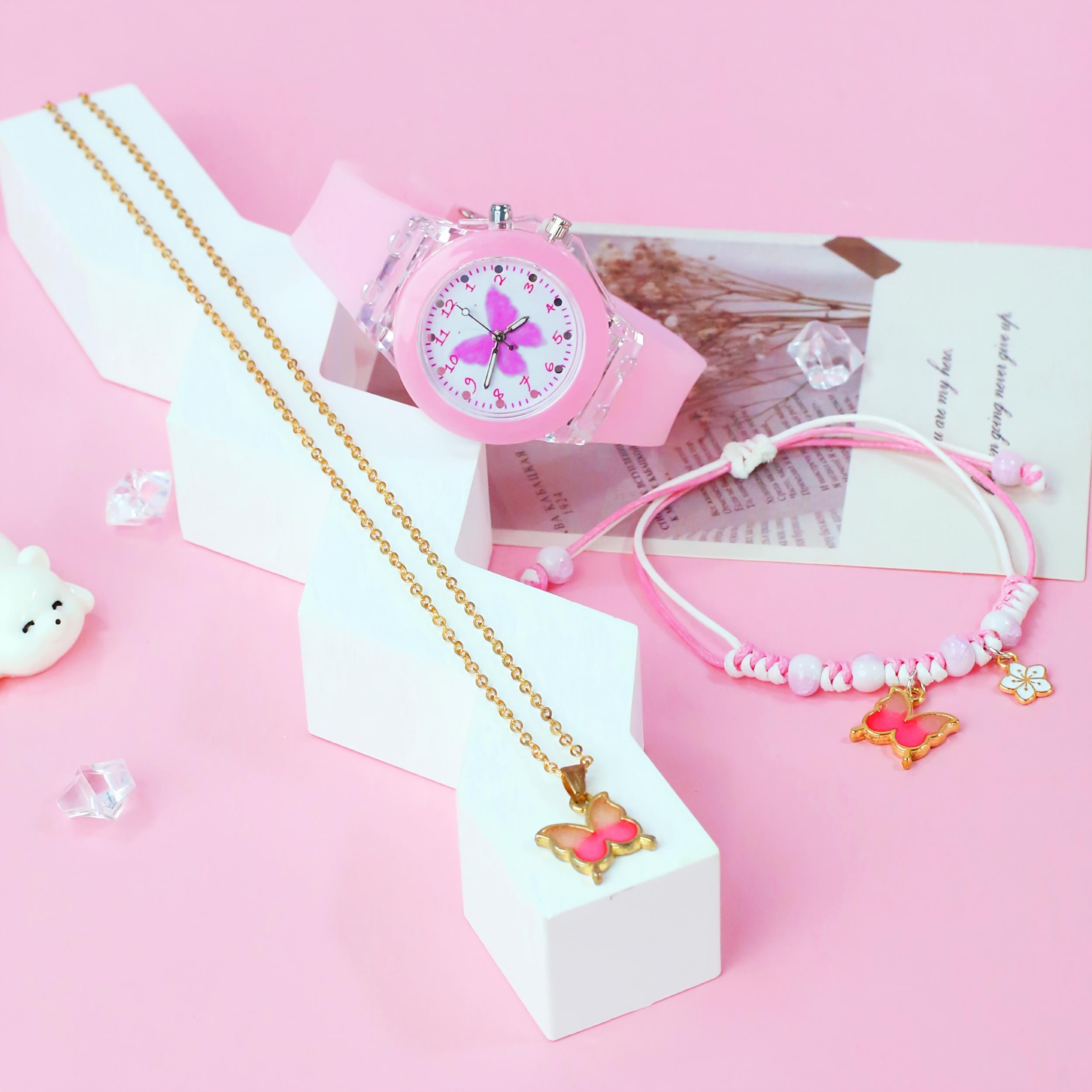 3pcs Girls' Quartz Watch Bracelet Set LED Glow in the Dark Silicone Strap