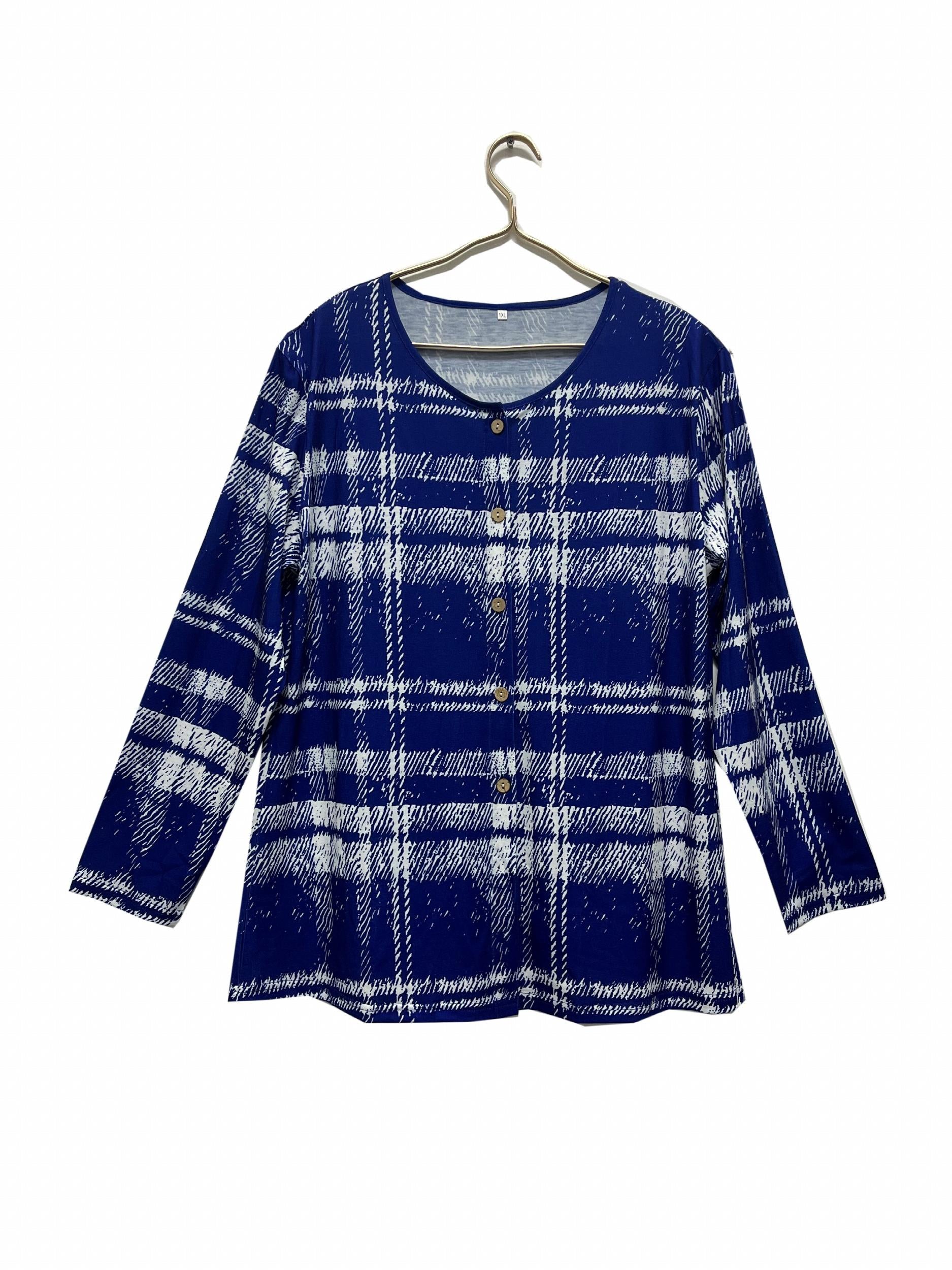 Gingham Print Long Sleeve Button Up Round Neck Cardigan