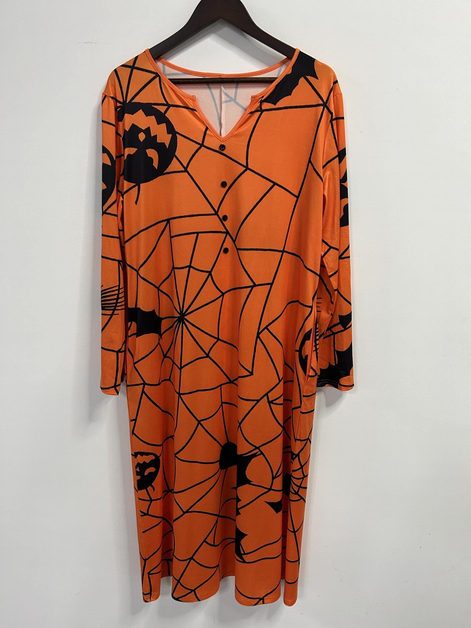 Halloween Web & Bat Print Long Sleeve Dress