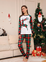 Elk Print Pajama Set Christmas Long Sleeve Crew Neck Top & Plaid Pants