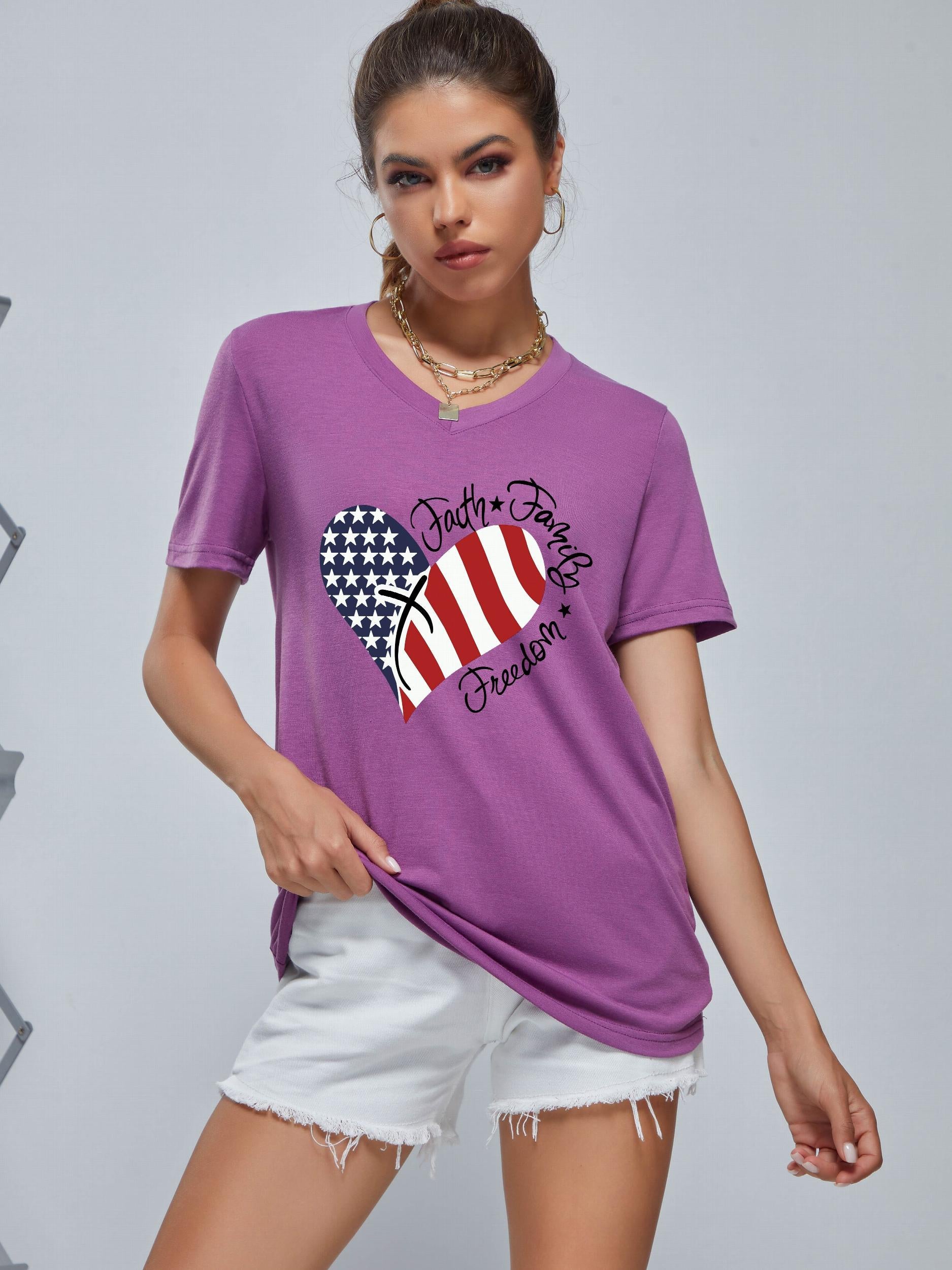 Love Heart Print Short Sleeve T shirt With American Flag Element