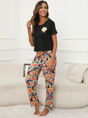 Floral Print Pajama Set Short Sleeve Crew Neck Top & All Over Print Pants
