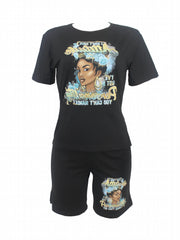 Figure Print Two piece Set Casual Short Sleeve T shirt & Skinny Shorts Outfits