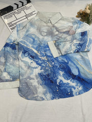 Marble Print Button Up Long Sleeve Blouse
