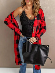 Plaid Print Button Decor V Neck Cardigan