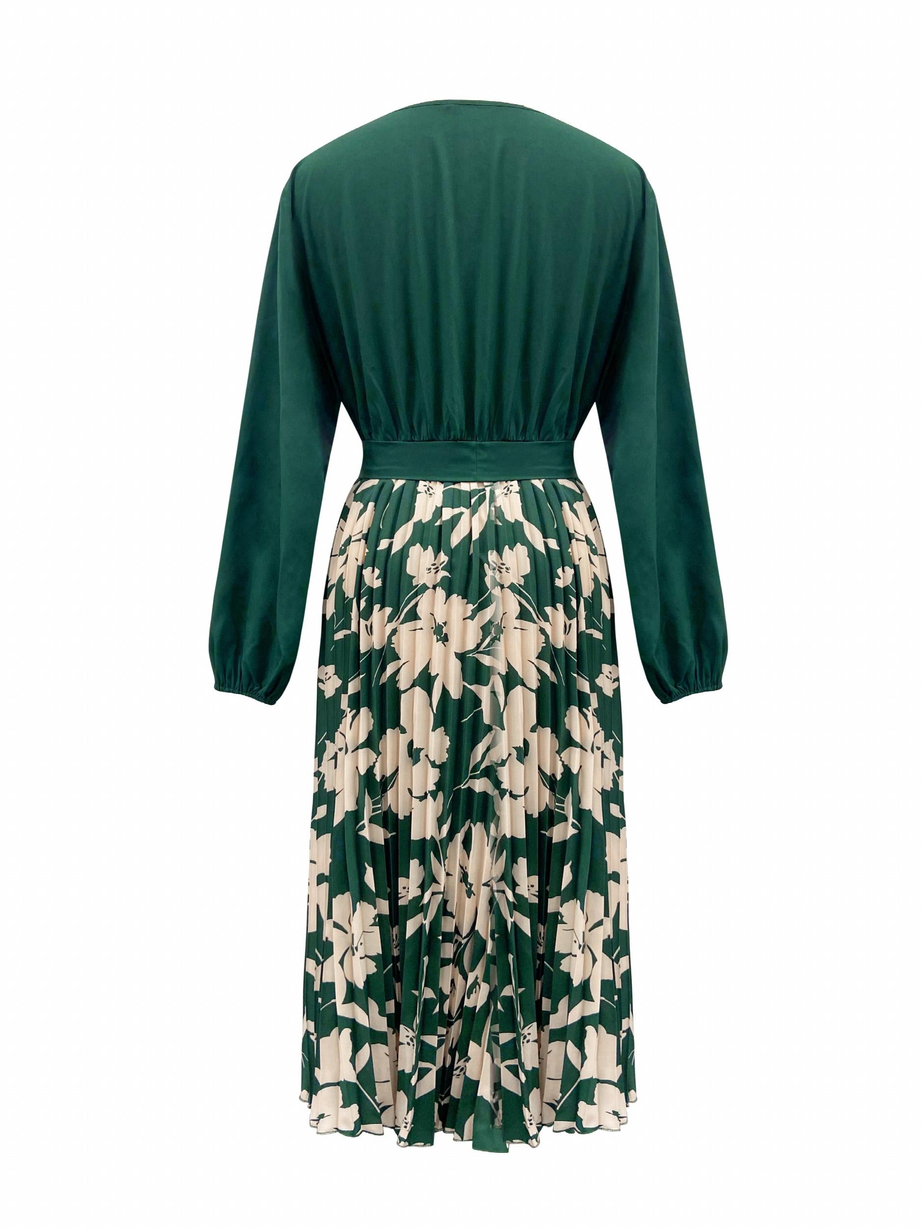 Colorblock Floral Print Lantern Sleeve Pleated Dress
