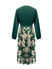 Colorblock Floral Print Lantern Sleeve Pleated Dress