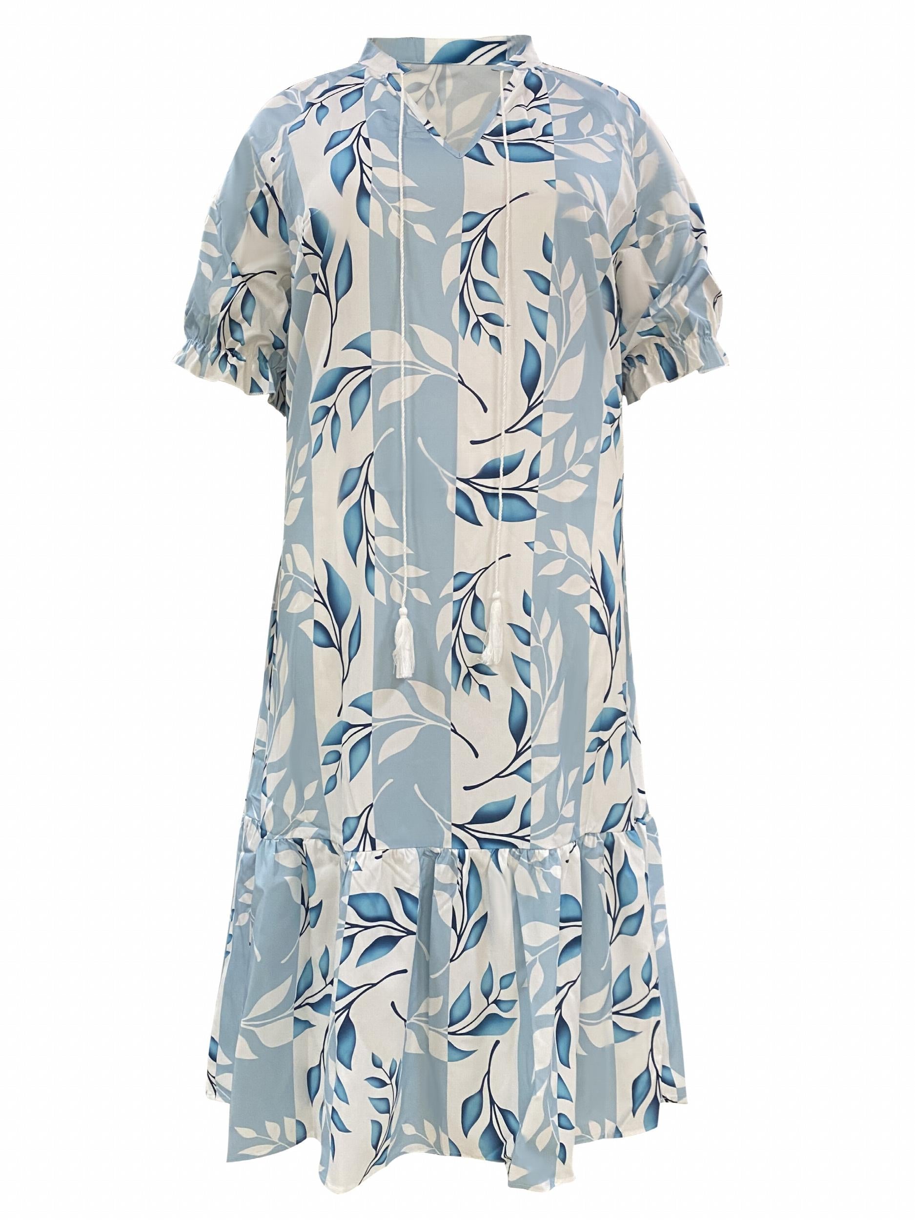 Boho Dress Women's Plus Leaf & Stripe Print Maxi Smock Dress