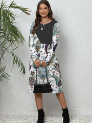 Women's Plus Colorblock Floral Print Long Sleeve Round Neck Dress With Pockets