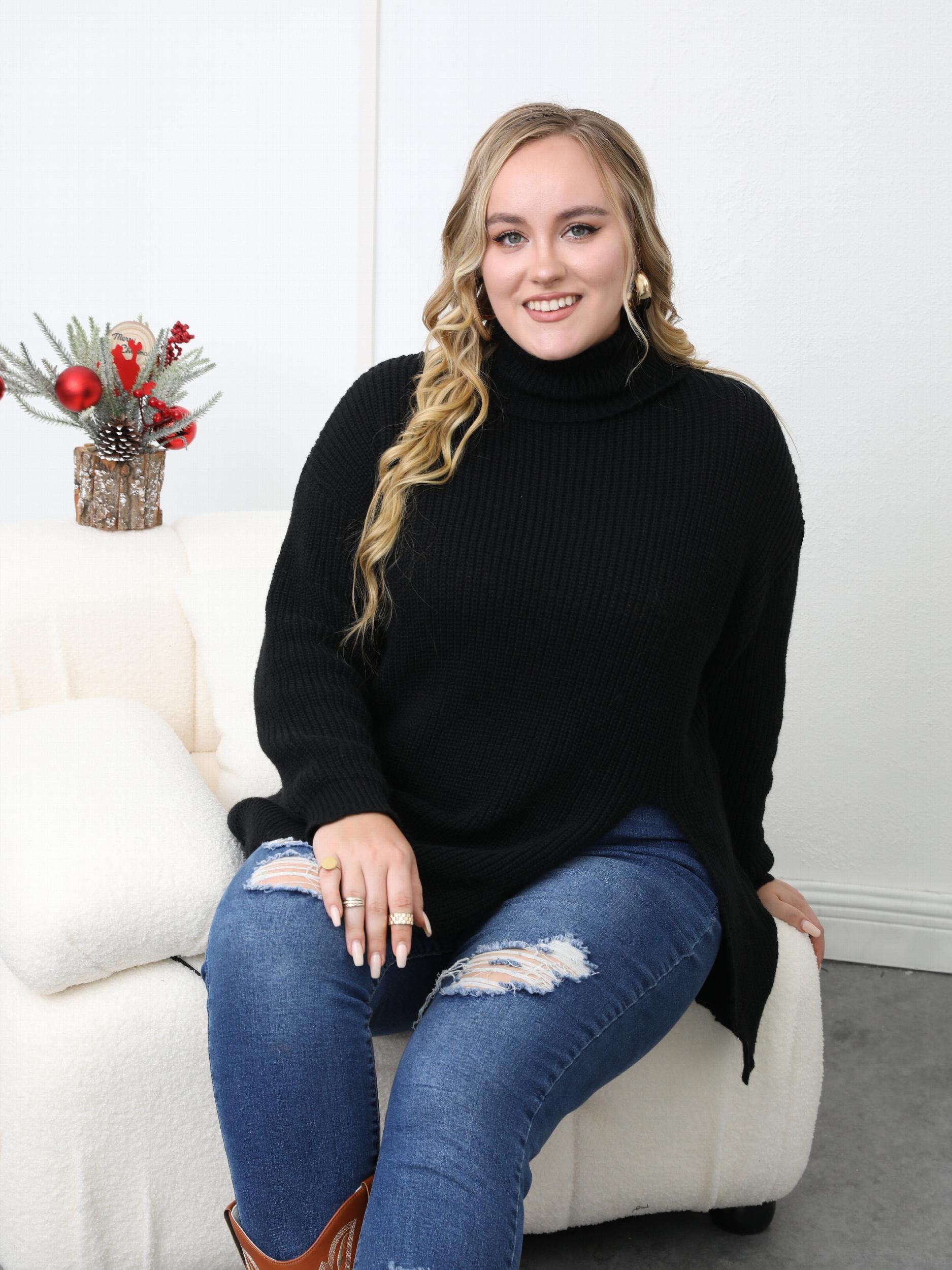Turtleneck Sweater Long Sleeve Split Knitted Jumper