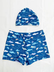 Boys Shark Print Swim Trunks & Cap Set for Beach Vacation