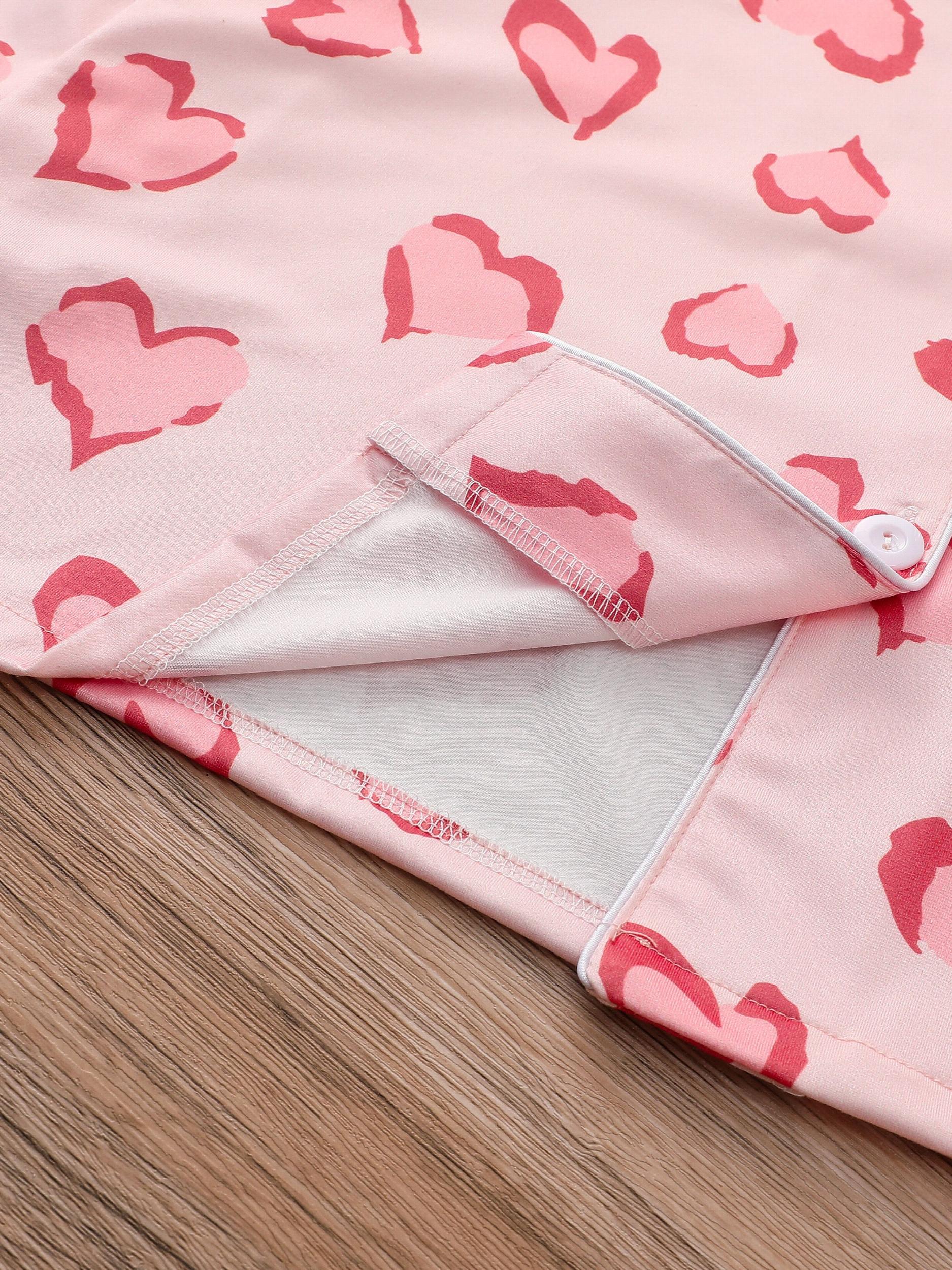 Heart Print Pajama Set Long Sleeve Buttons Top & Elastic Waistband Pants