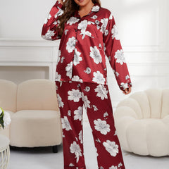 Floral Print Satin Shirt & Pants Pajamas Set