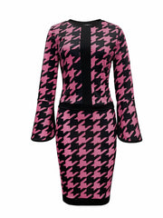 Houndstooth Print 2pc Set Split Sleeve Tops & Bag Hip Skirts