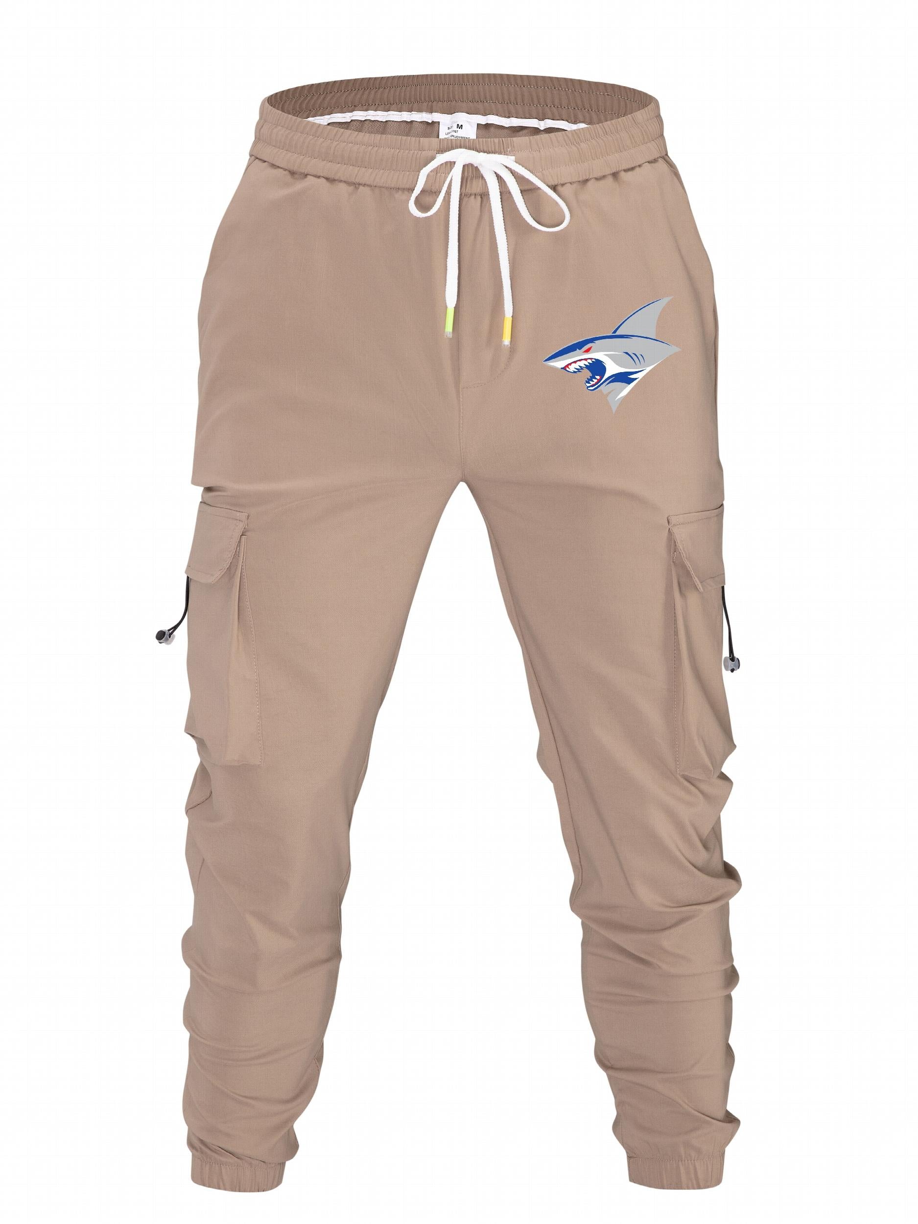 Mens Cartoon Shark Print Cargo Pants Loose Fit Drawstring Joggers