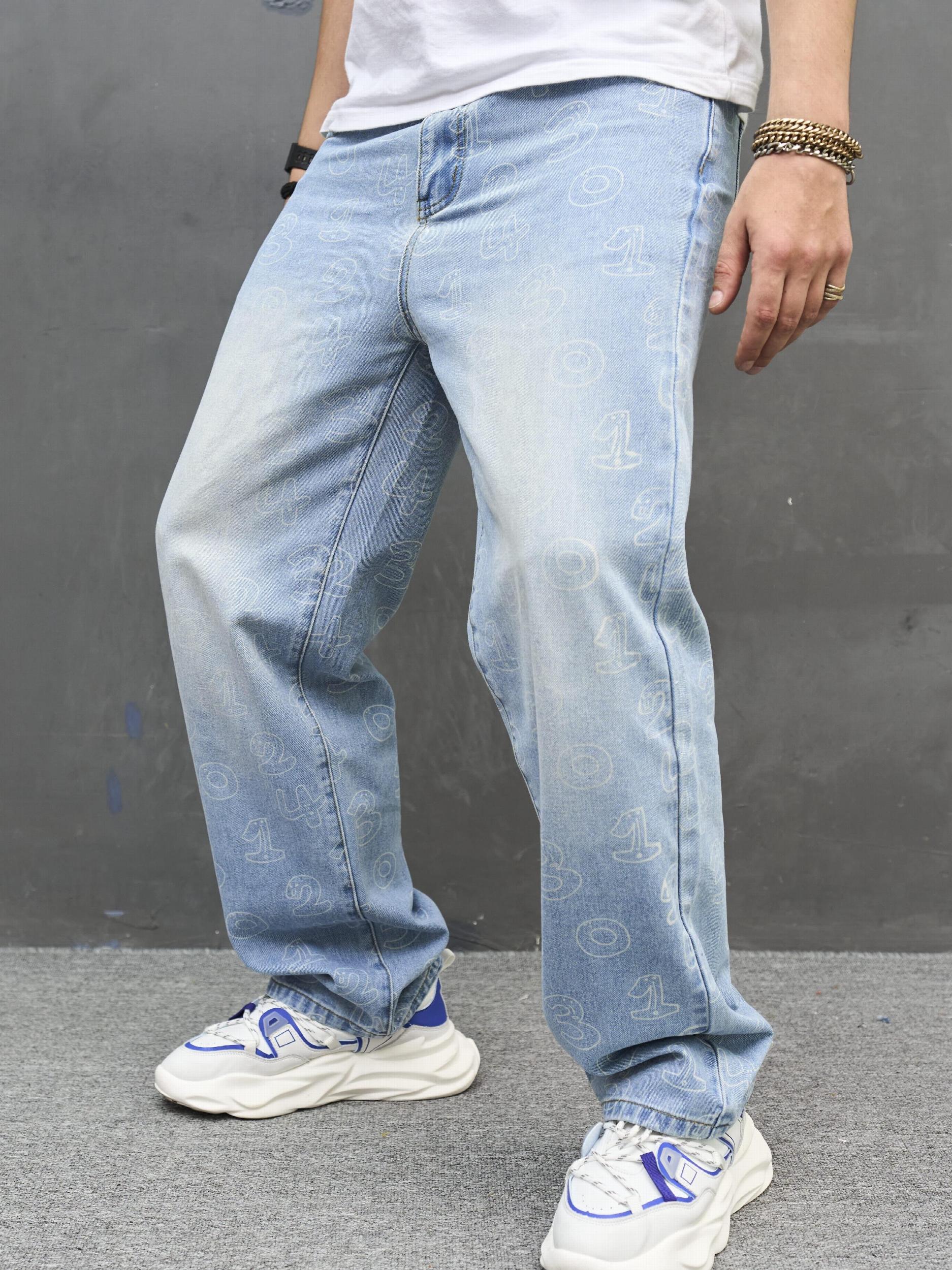 Men's Loose Fit Number Print Jeans Casual Denim Pants