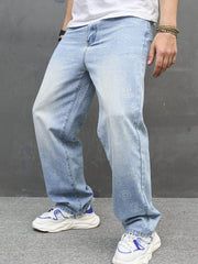 Men's Loose Fit Number Print Jeans Casual Denim Pants