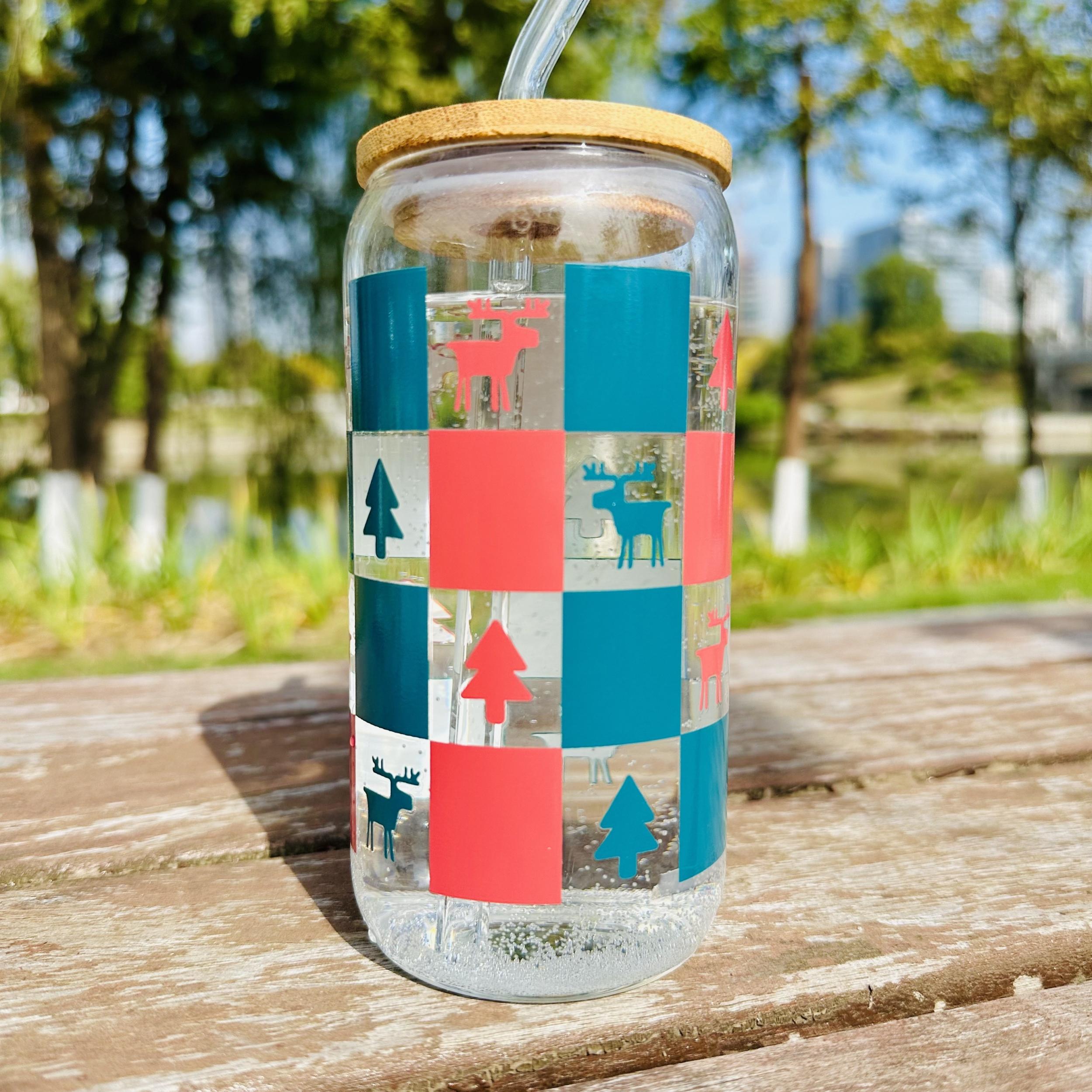 16oz Christmas Plaid Glass Cup with Bamboo Lid & Straw