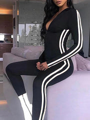 Stripe Long Sleeve Bodysuit Zipper Front Yoga Jumpsuit