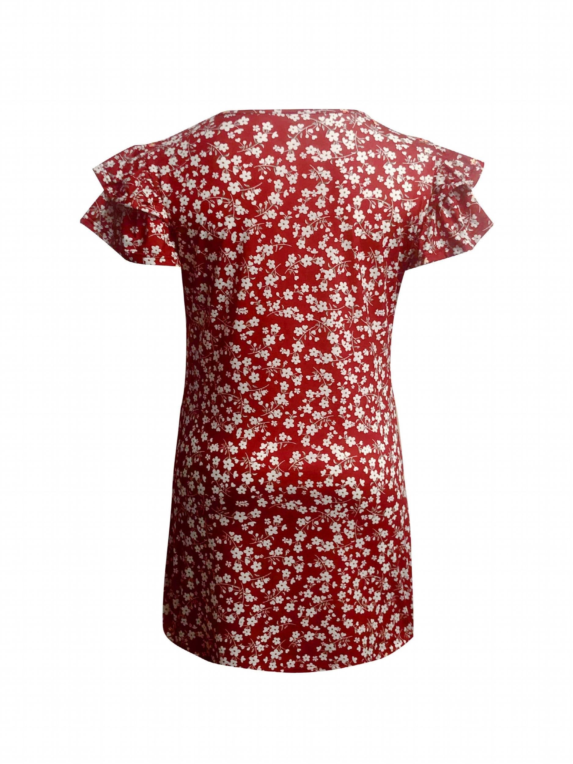 Floral Print Layered Sleeve Round Neck Mini Dress