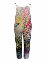 Floral & Bird Print Tie Shoulder Wide Leg Jumpsuit