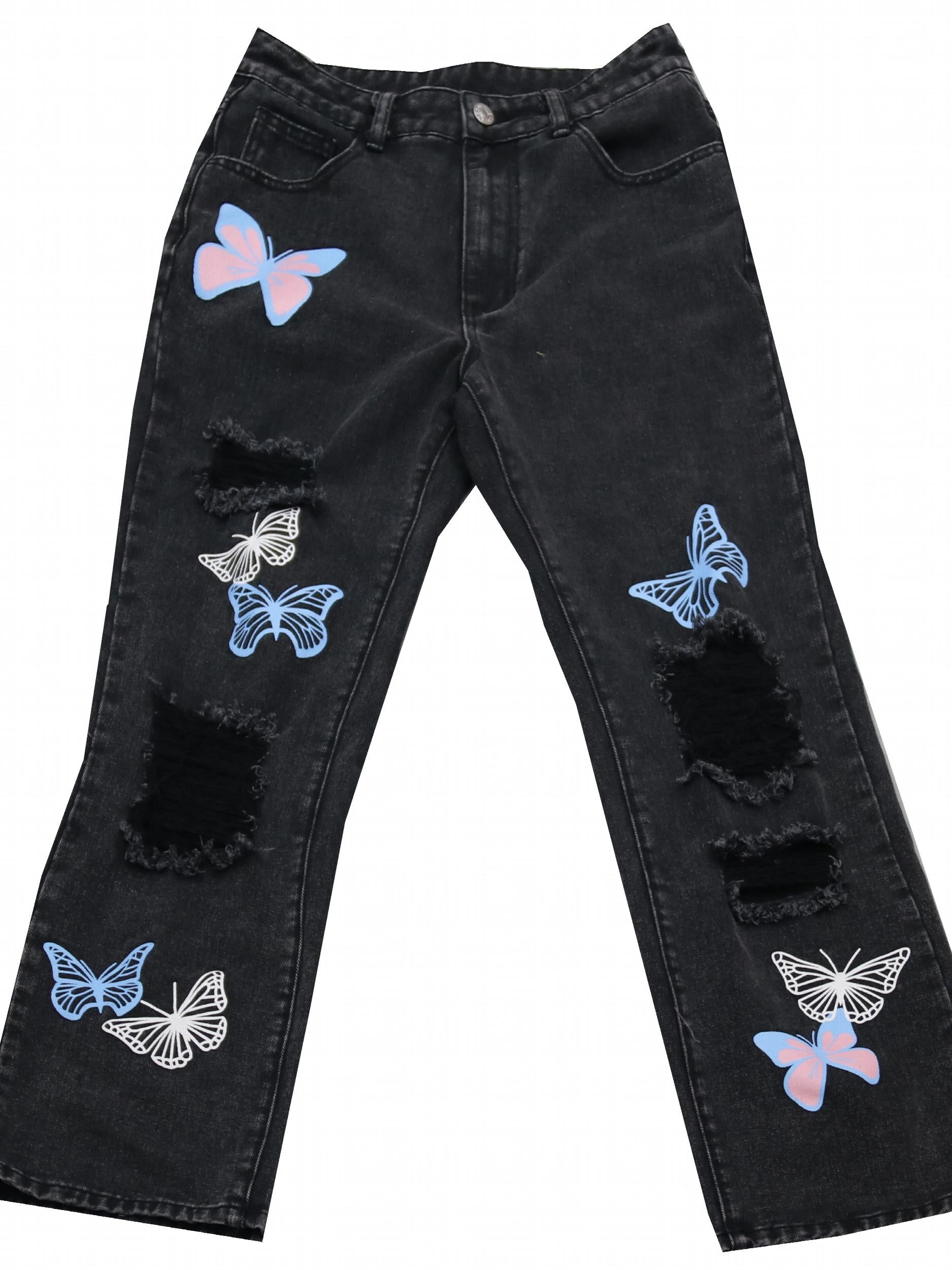 Butterfly Print Ripped Hole Straight Jeans Non Stretch