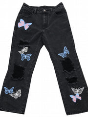 Butterfly Print Ripped Hole Straight Jeans Non Stretch
