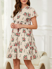 Vintage Floral Print Dress Casual Tiered Short Sleeve Dress