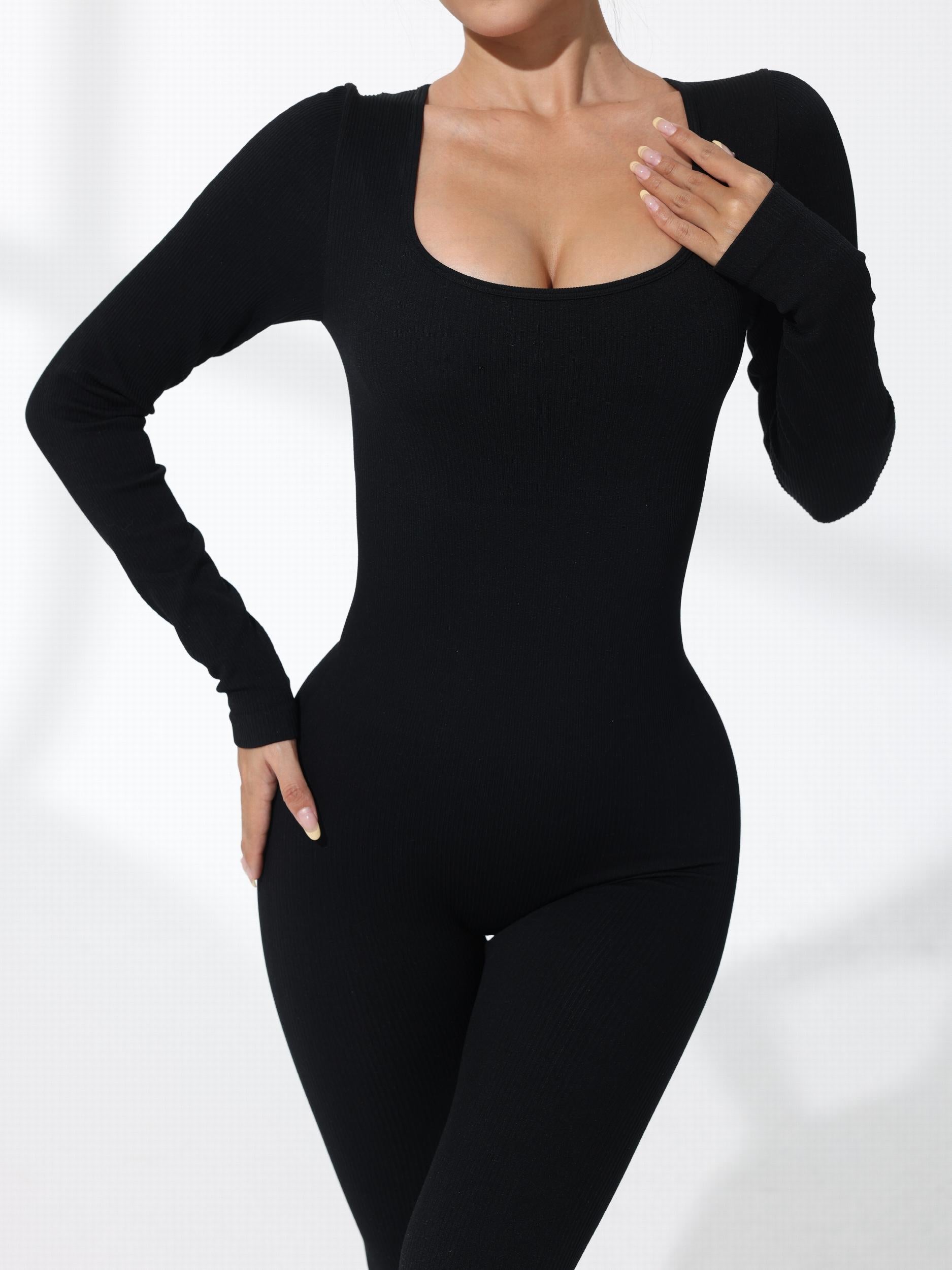 Women Yoga Bodysuit Round Neck Long Sleeve Sport Jumpsuit