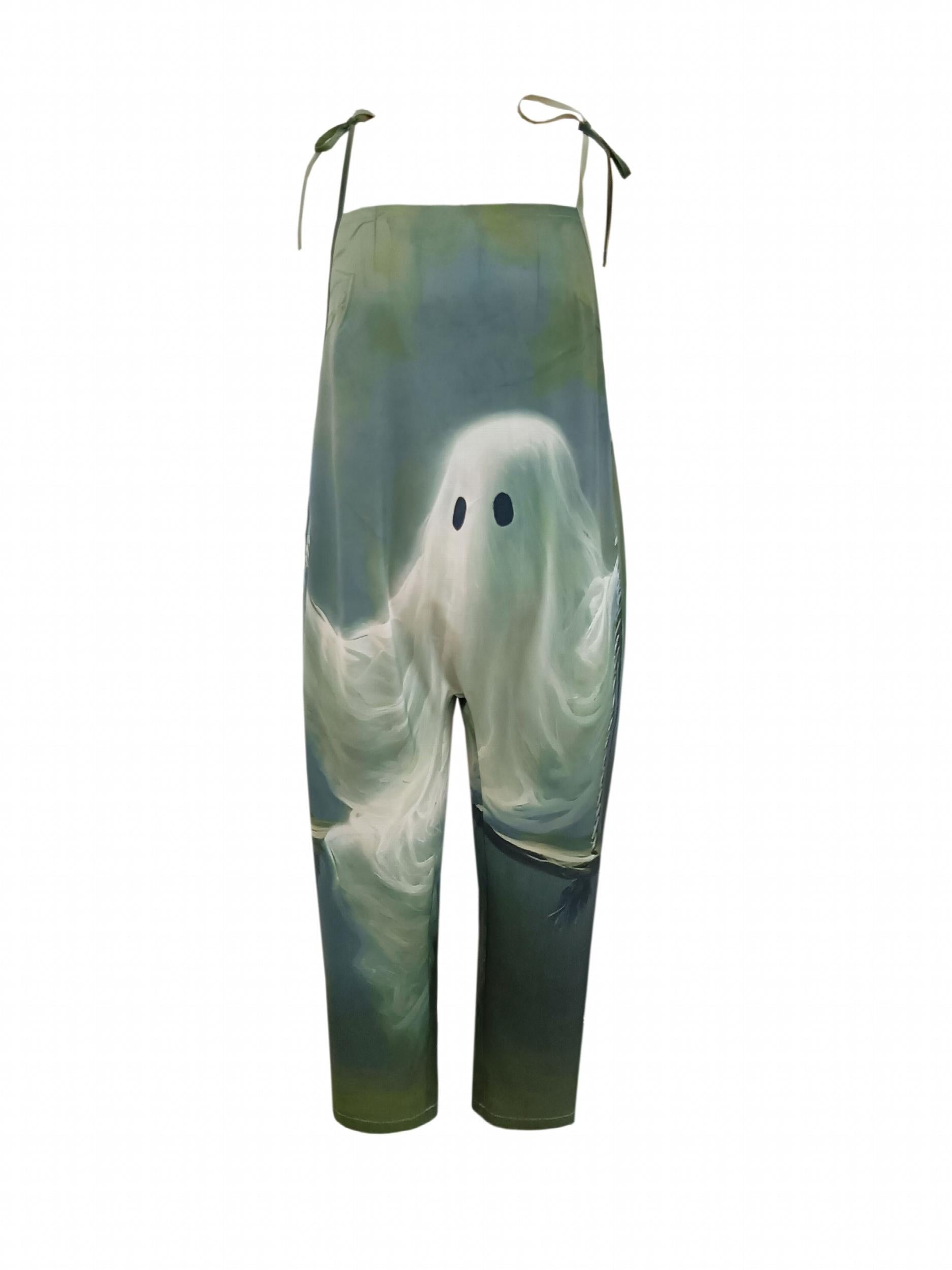 Halloween Ghost Print Tie Shoulder Overalls