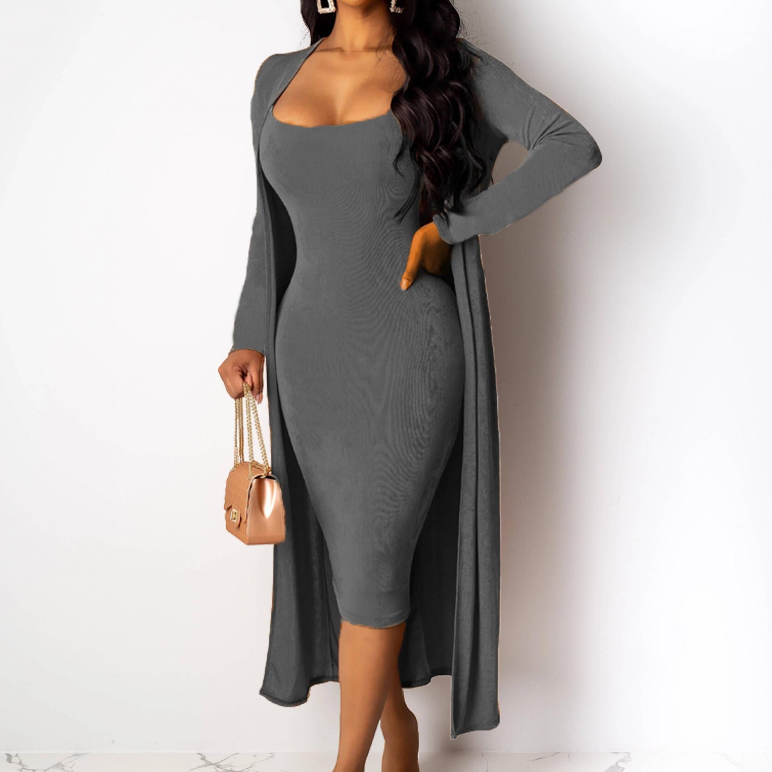 Casual 2 Piece Set Long Cardigan & Bodycon Dress Outfit Women's Clothing