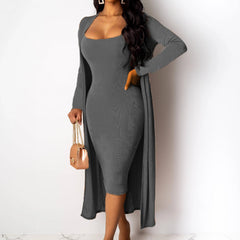 Casual 2 Piece Set Long Cardigan & Bodycon Dress Outfit Women's Clothing