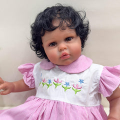Dark Brown Skin NPK Reborn Doll Soft Touch Princess Girl in Pink Striped Dre