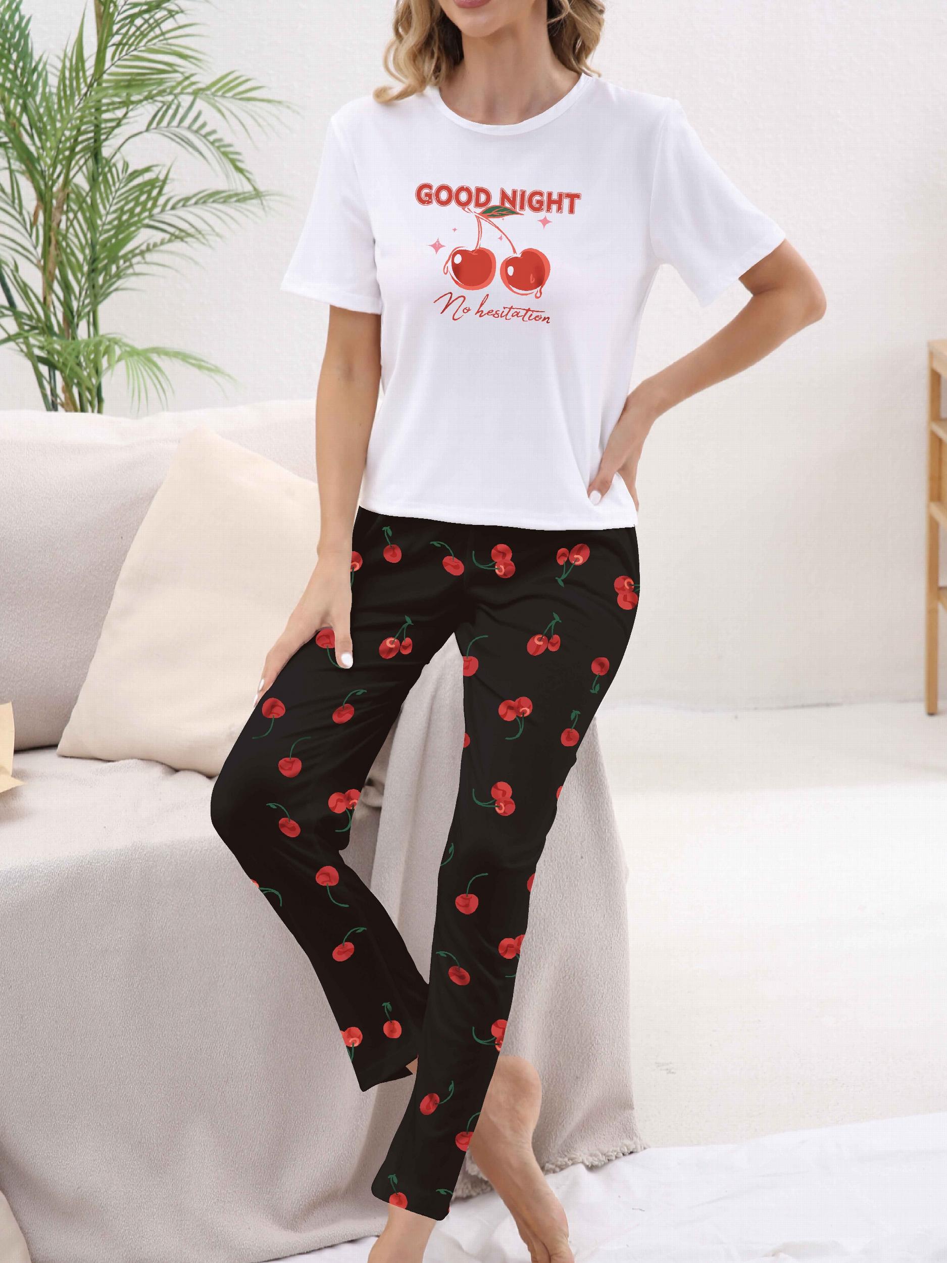 Cherry Print Pajama Set Short Sleeve Top & Pants