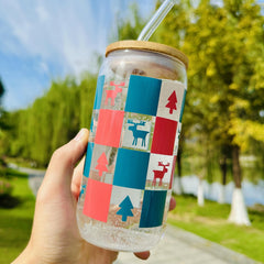 16oz Christmas Plaid Glass Cup with Bamboo Lid & Straw