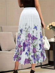 Floral Print Elastic High Rise Pleated Plus Size Maxi Skirt