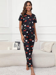 Floral & Cherry Print Pajama Set Short Sleeve Top & Pants Women's Sleepwear