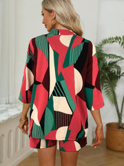 Casual Block 2pc Set Shirt & Drawstring Shorts Outfits Women's Clothing