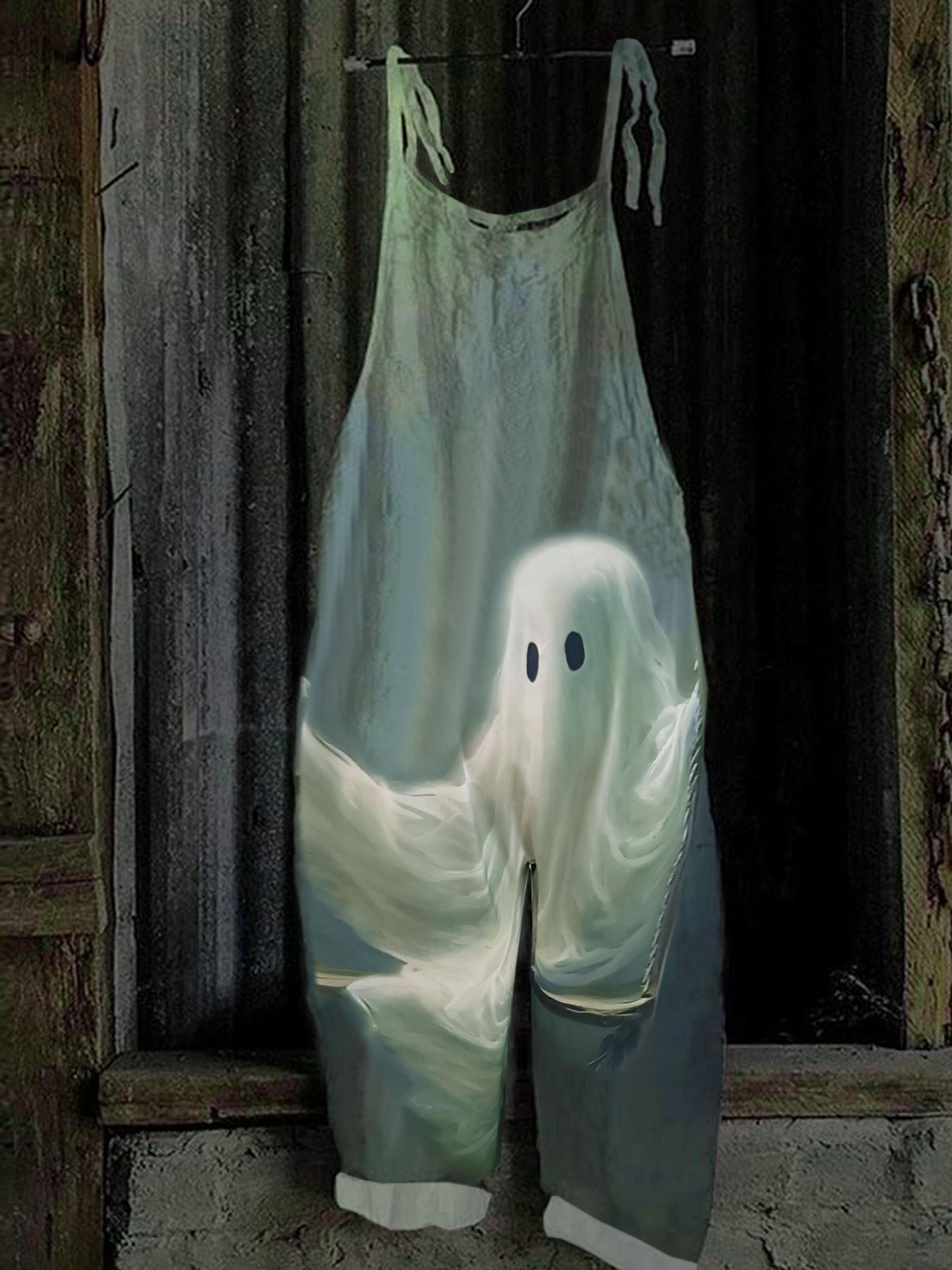 Halloween Ghost Print Tie Shoulder Overalls
