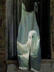 Halloween Ghost Print Tie Shoulder Overalls