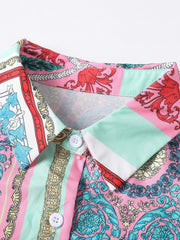 Boho Blouse Patchwork Print Long Sleeve Button Up Shirt Top