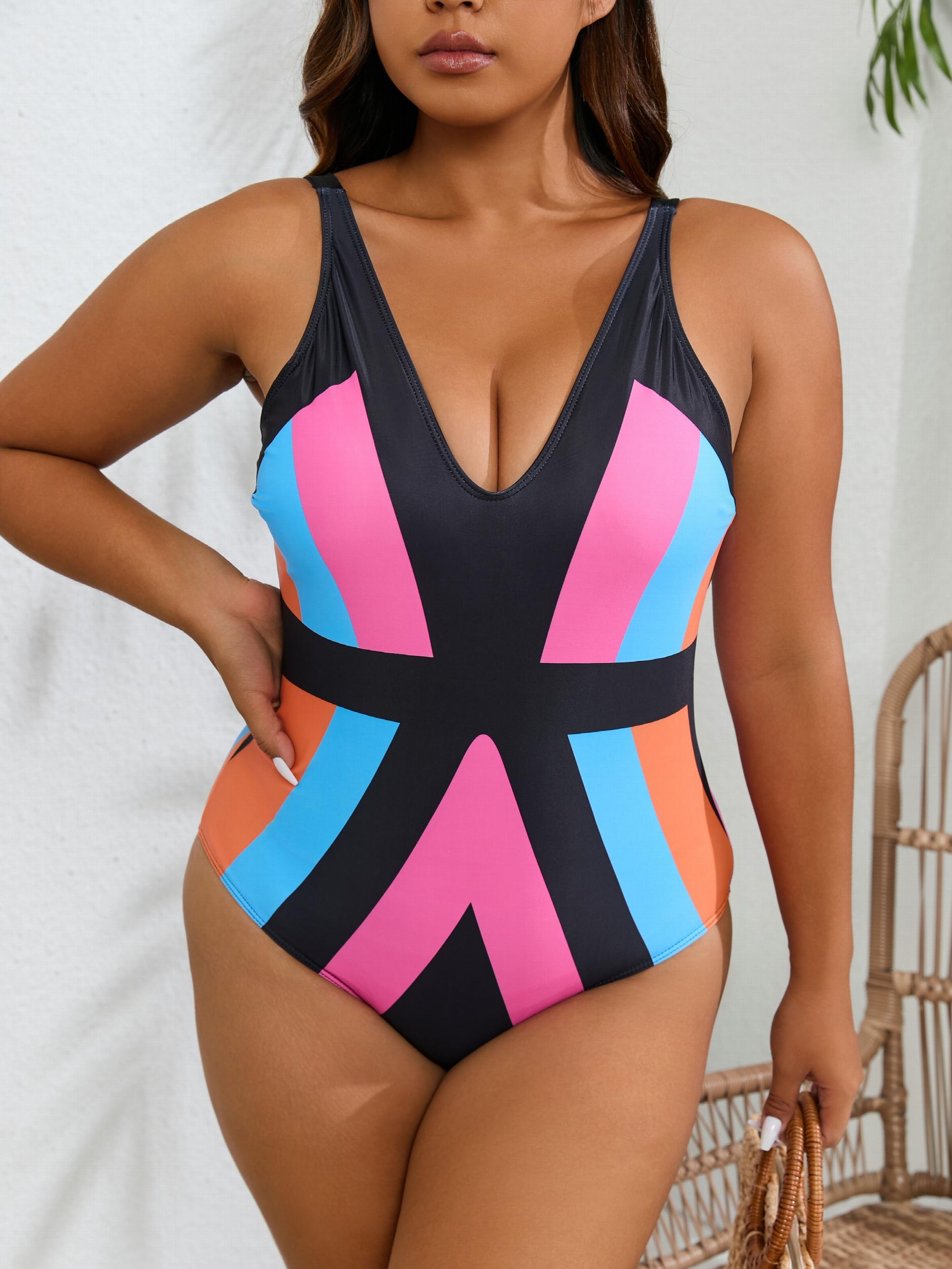 Colorblock V Neck One Piece Swimsuit Women's Plus Sexy Beachwear