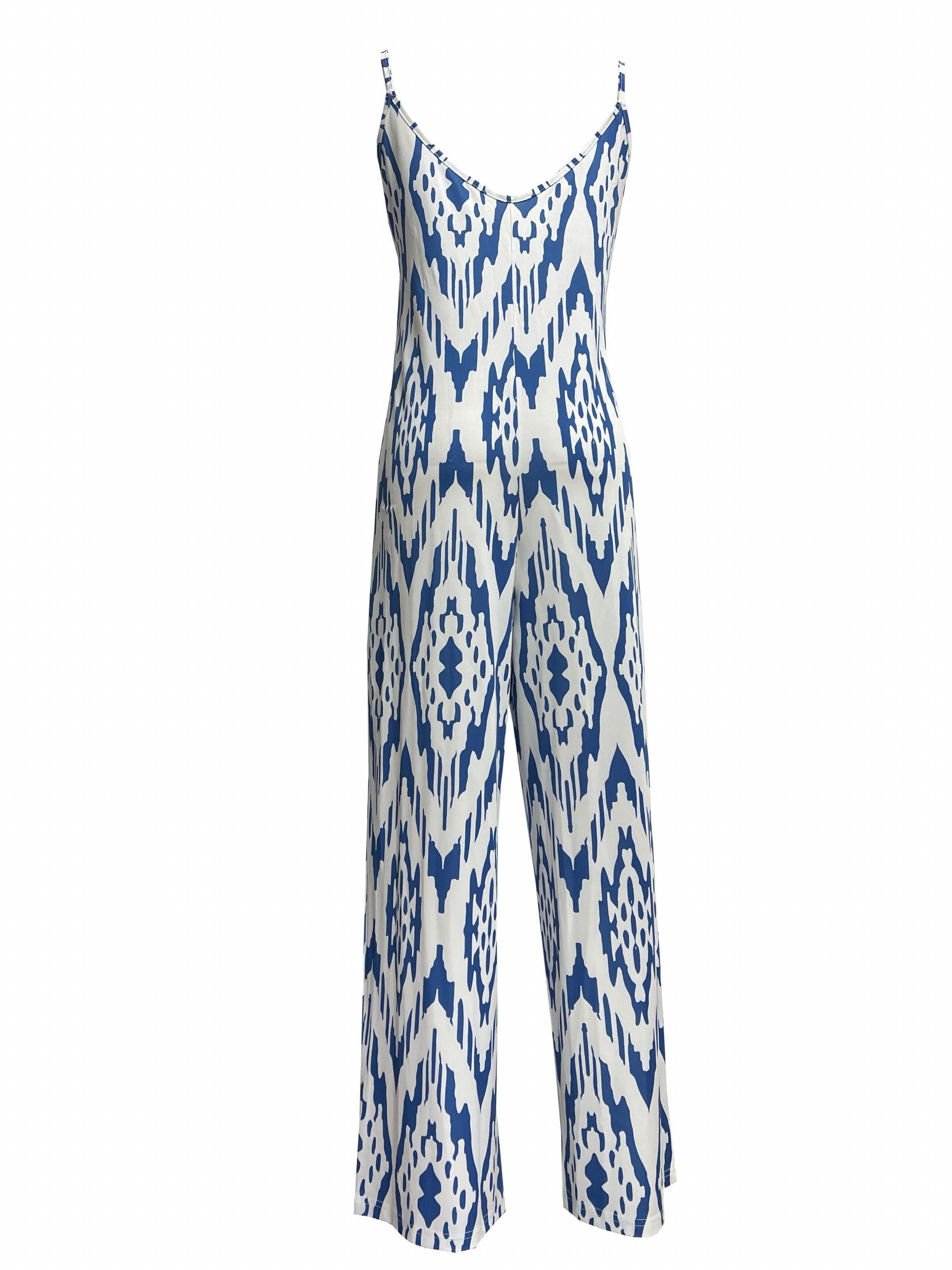 Geometric Print V Neck Wide Leg Jumpsuit