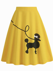 Cartoon Dog Print A-line Skirt Vintage Zipper Skirt Women's Clothing