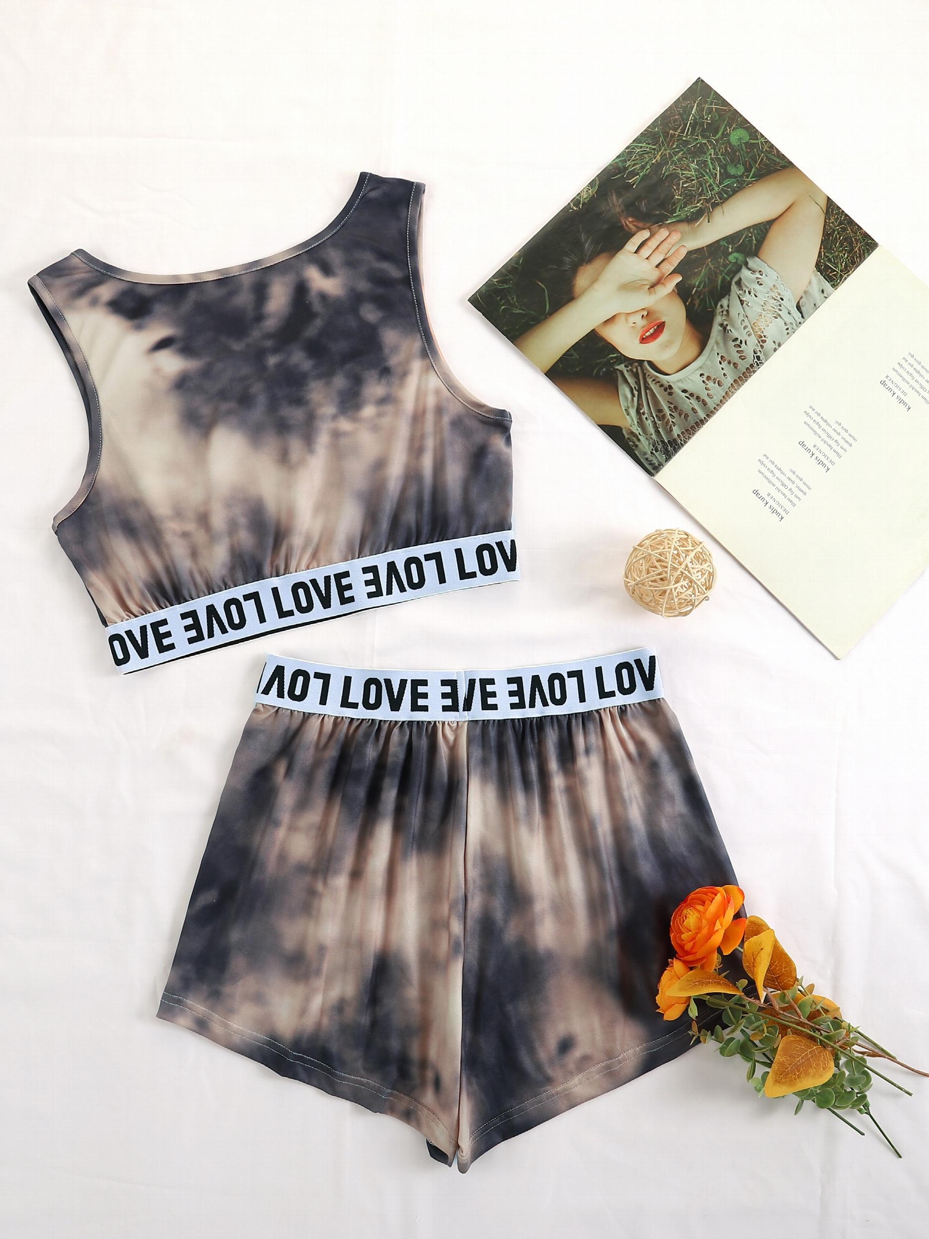 Tie Dye Pajama Set V Neck Tank Top & Shorts