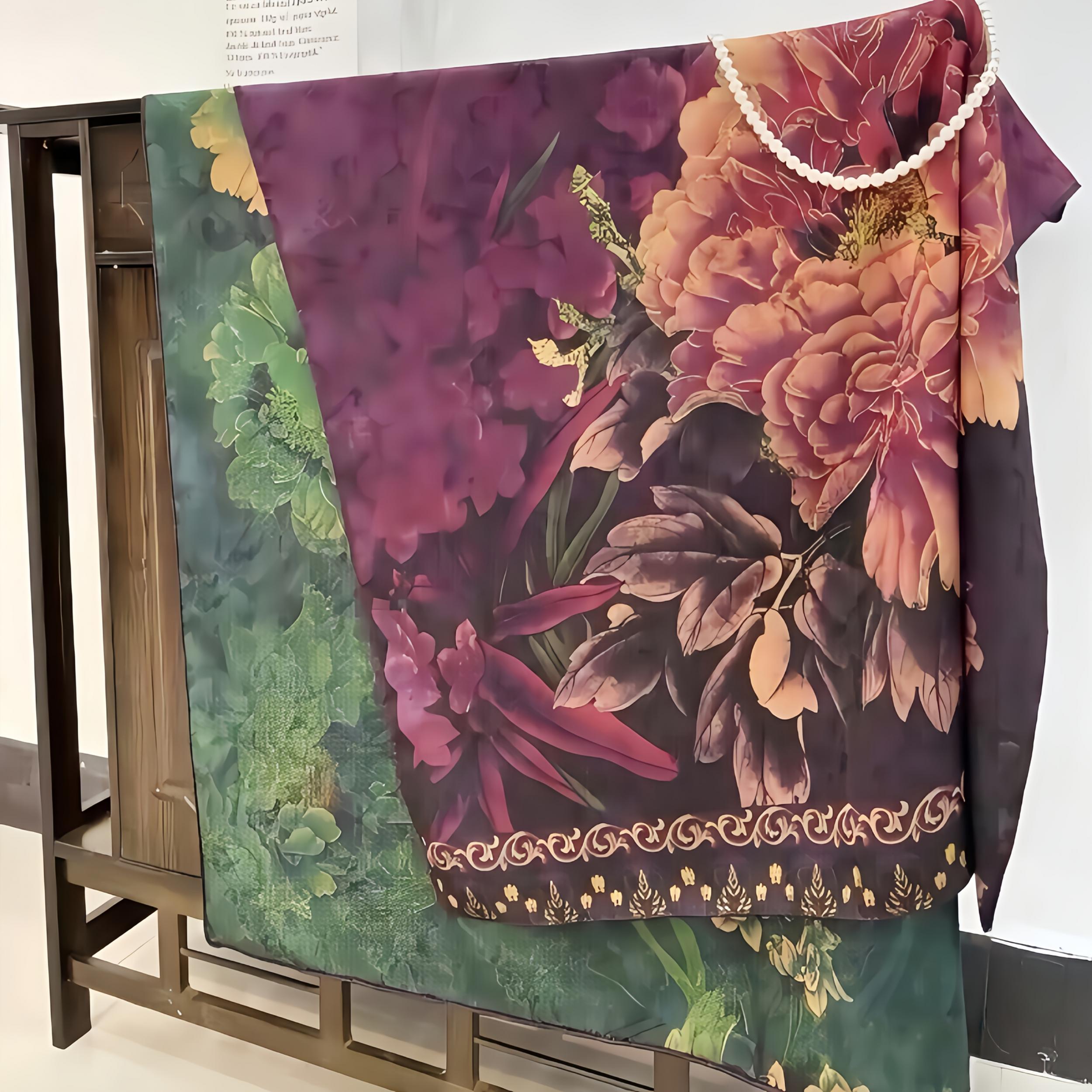 Chinese Style Purple Peony Floral Print Shawl Scarf Lightweight Silk